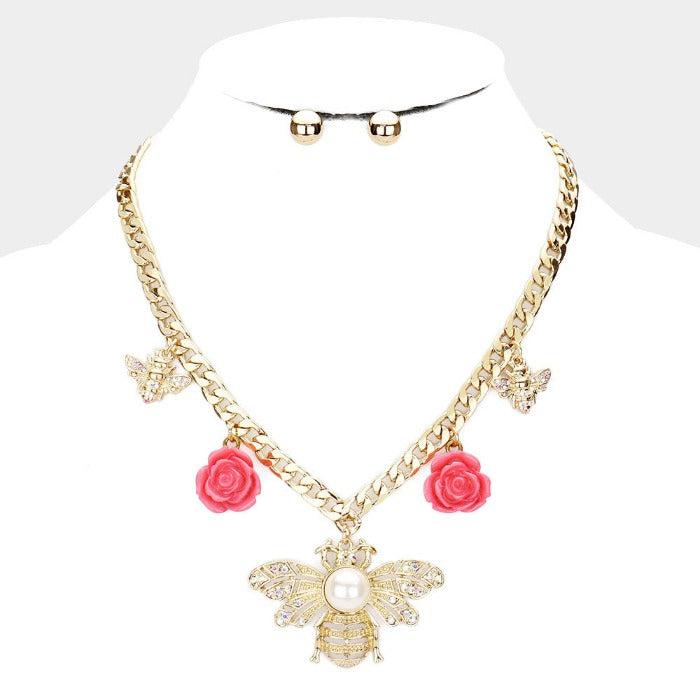 Honey Bee Flower Pearl Center Pendant Necklace Set