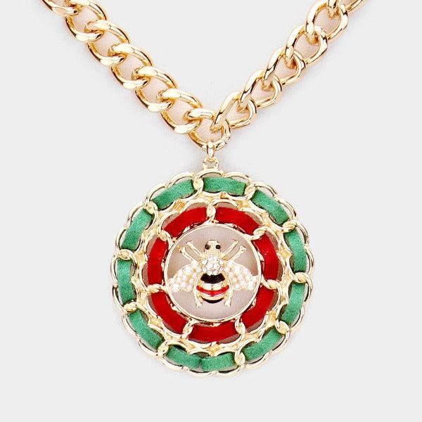 Honey Bee Green & Red Suede Round Pendant Necklace Set