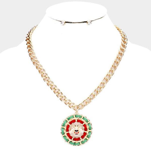 Honey Bee Green & Red Suede Round Pendant Necklace Set