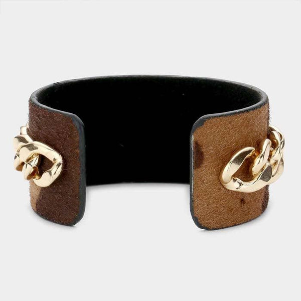 Honey Bee Metal Chain Accented Cow Hide Patterned Cuff Bracelet