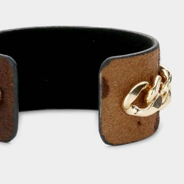 Honey Bee Metal Chain Accented Cow Hide Patterned Cuff Bracelet