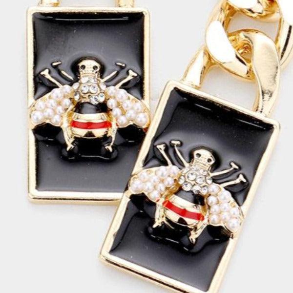 Honey Bee Metal Chain Pearl Rectangle Dangle Earrings by WILDFLOWER