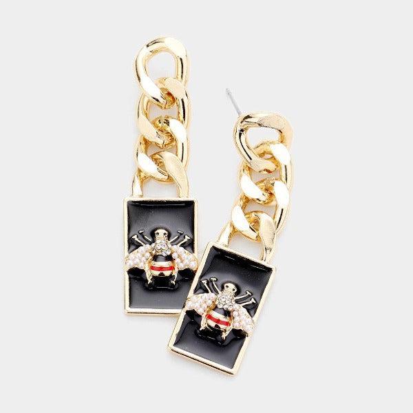 Honey Bee Metal Chain Pearl Rectangle Dangle Earrings by WILDFLOWER