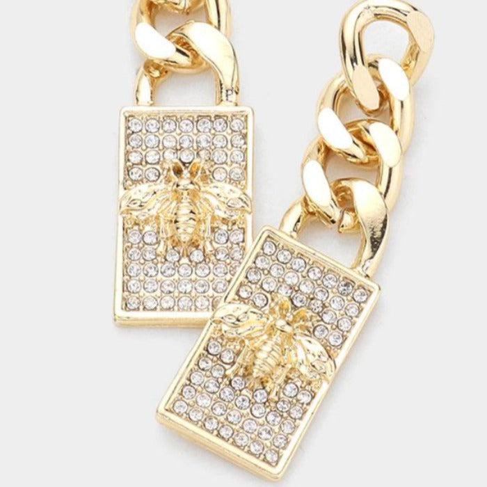 Honey Bee Metal Chain Rectangle Earrings-Earring-SPARKLE ARMAND
