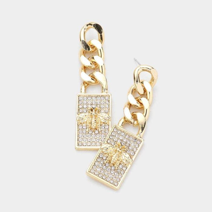 Honey Bee Metal Chain Rectangle Earrings-Earring-SPARKLE ARMAND