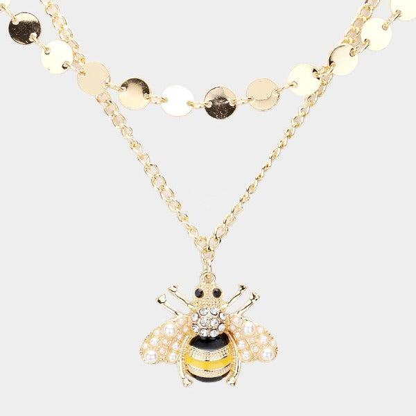 Honey Bee Pearl Accented Layered Necklace & Earring Set-Necklace-SPARKLE ARMAND