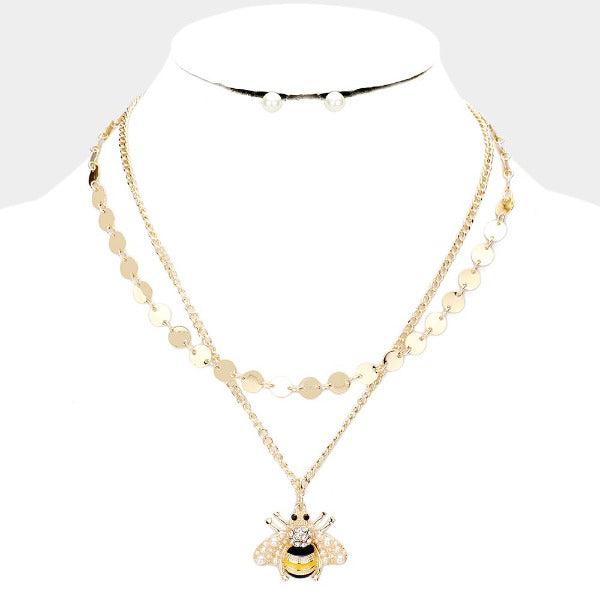 Honey Bee Pearl Accented Layered Necklace & Earring Set-Necklace-SPARKLE ARMAND