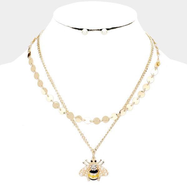Honey Bee Pearl Accented Layered Necklace & Earring Set-Necklace-SPARKLE ARMAND