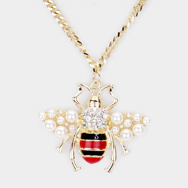 Honey Bee Pearl Pendant Chain Layered Necklace & Earring Set-Necklace-SPARKLE ARMAND