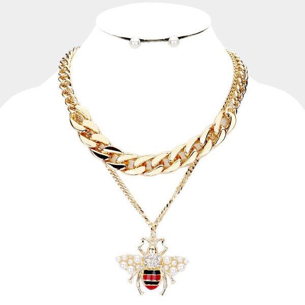 Honey Bee Pearl Pendant Chain Layered Necklace & Earring Set-Necklace-SPARKLE ARMAND