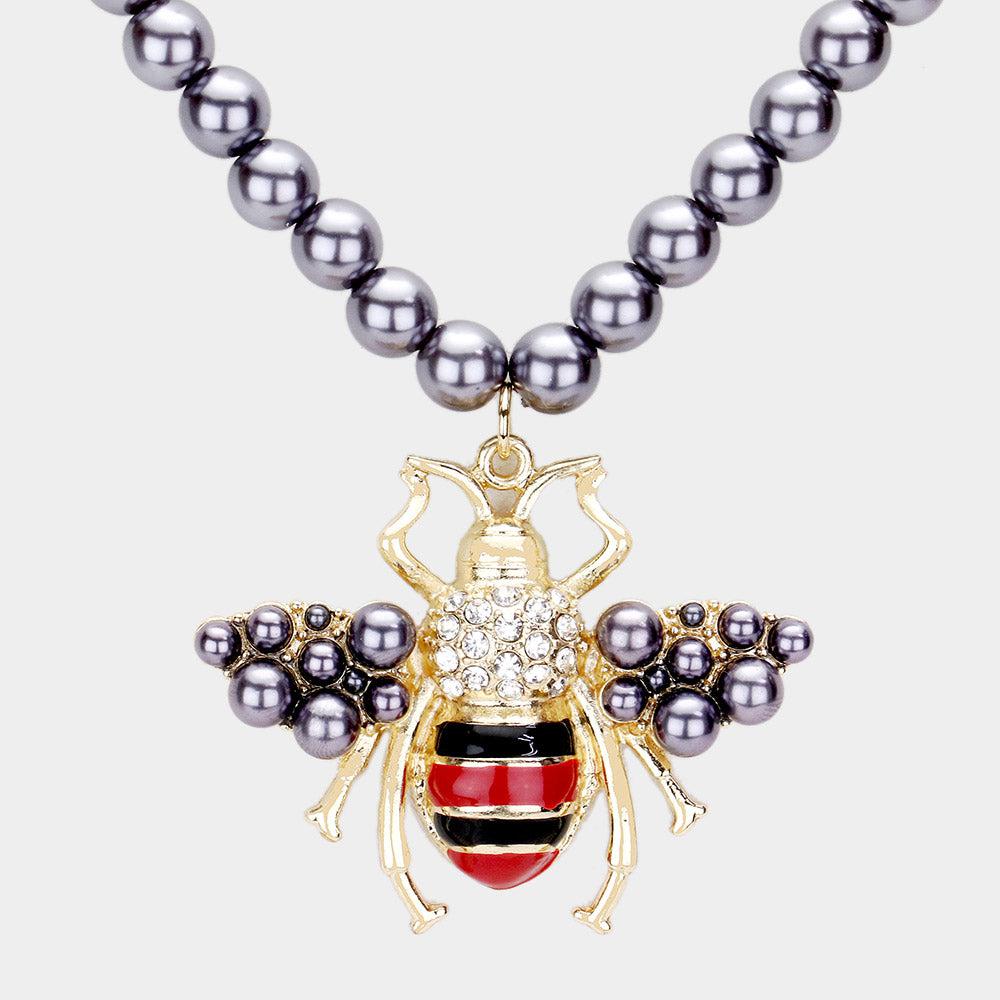 Honey Bee Pearl Pendant Necklace & Earring Set-Necklace-SPARKLE ARMAND