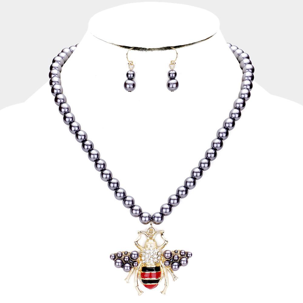 Honey Bee Pearl Pendant Necklace & Earring Set-Necklace-SPARKLE ARMAND