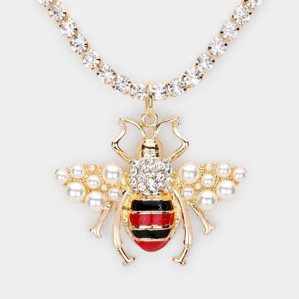 Honey Bee Pearl Pendant Tennis Chain Necklace Set by Wildflower