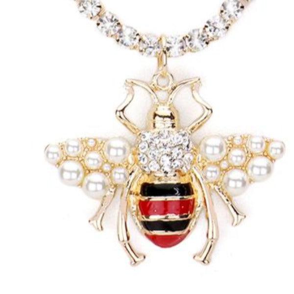 Honey Bee Pearl Pendant Tennis Chain Necklace Set by Wildflower
