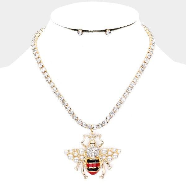 Honey Bee Pearl Pendant Tennis Chain Necklace Set by Wildflower