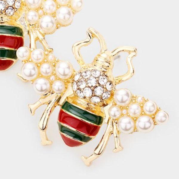 Honey Bee Pearl (faux) Green & Red Earrings-Earring-SPARKLE ARMAND