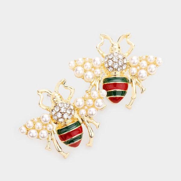 Honey Bee Pearl (faux) Green & Red Earrings-Earring-SPARKLE ARMAND