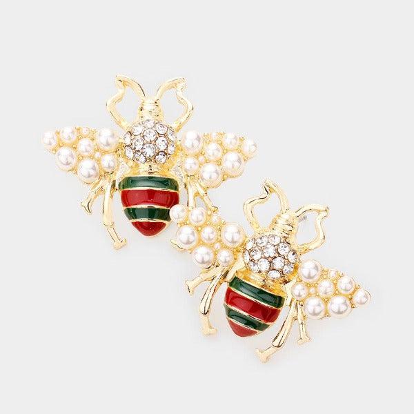 Honey Bee Pearl (faux) Green & Red Earrings-Earring-SPARKLE ARMAND