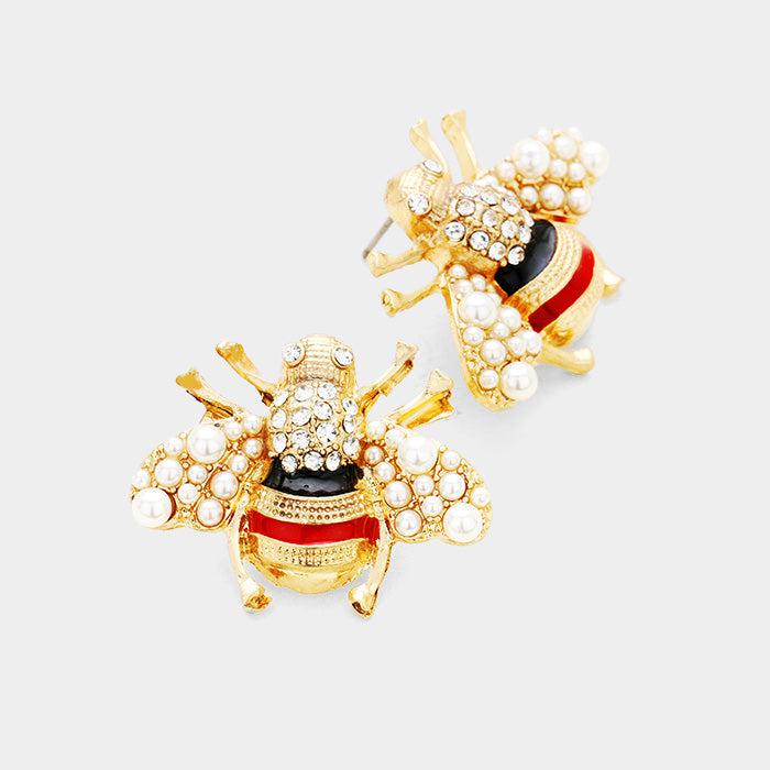 Honey Bee Pearl (faux) Red & Black Earrings-Earring-SPARKLE ARMAND