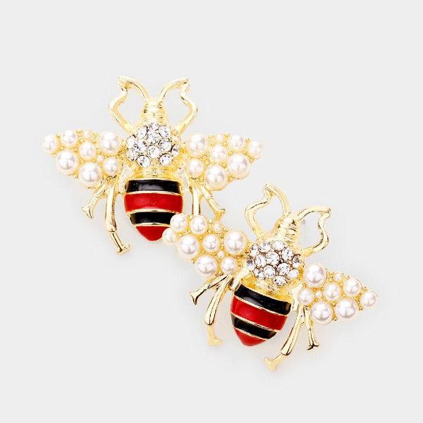 Honey Bee Pearl (faux) Red & Black Earrings-Earring-SPARKLE ARMAND