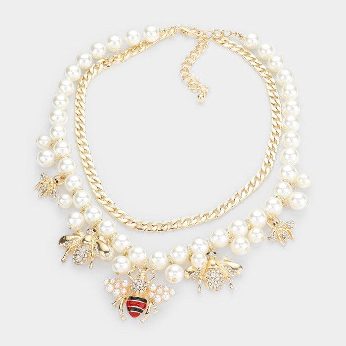 Honey Bee Accented Pearl Bib Necklace & Earrings Set by Wildflower