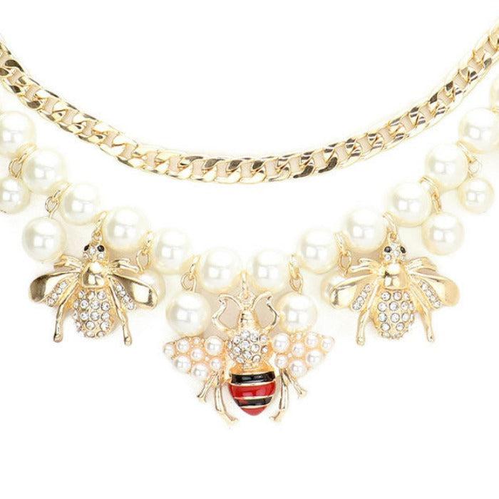 Honey Bee Accented Pearl Bib Necklace & Earrings Set by Wildflower