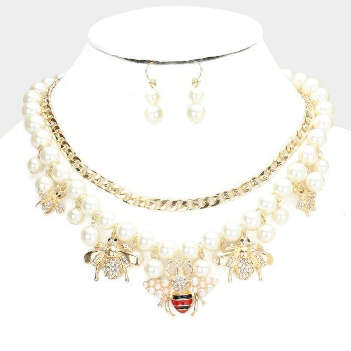 Honey Bee Accented Pearl Bib Necklace & Earrings Set by Wildflower