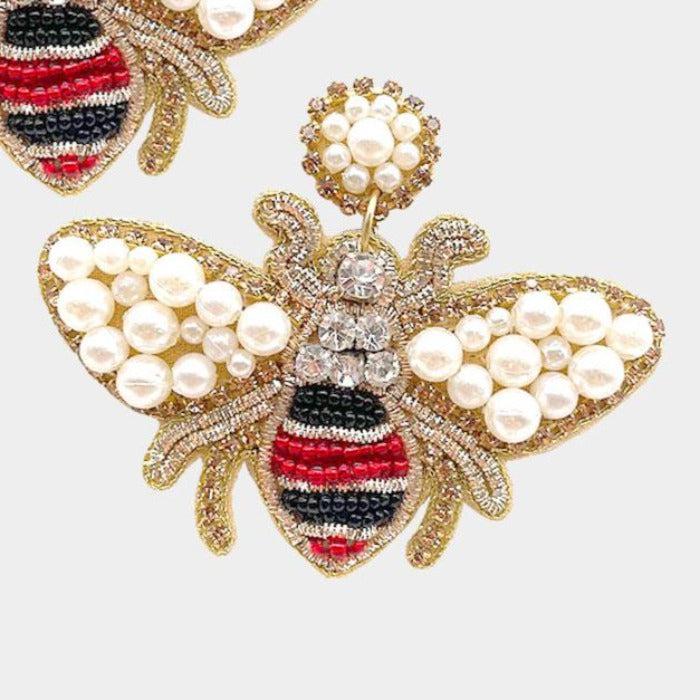 Honey Bee Red & Black Seed Bead Dangle Earrings-Earring-SPARKLE ARMAND