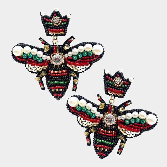 Honey Bee Red & Green Seed Bead Dangle Earrings by Treasure Jewelry