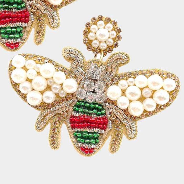 Honey Bee Red & Green Seed Bead Dangle Earrings-Earring-SPARKLE ARMAND