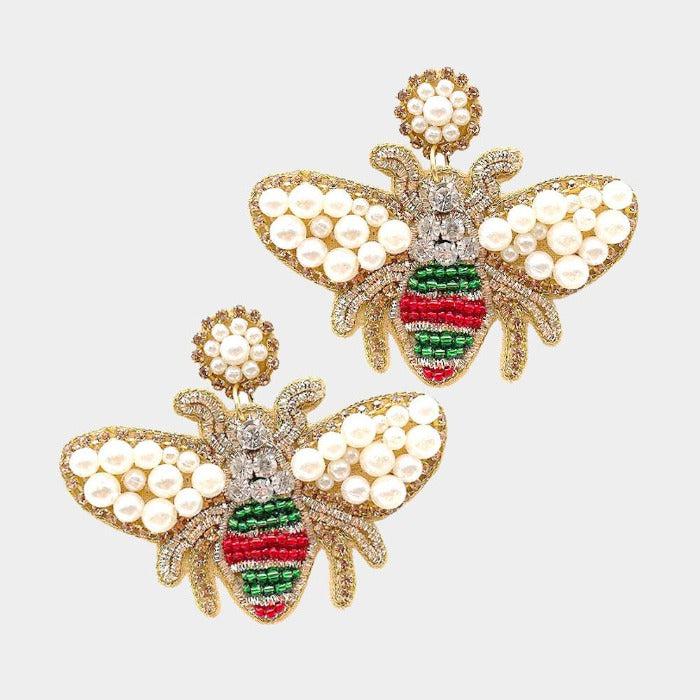 Honey Bee Red & Green Seed Bead Dangle Earrings-Earring-SPARKLE ARMAND