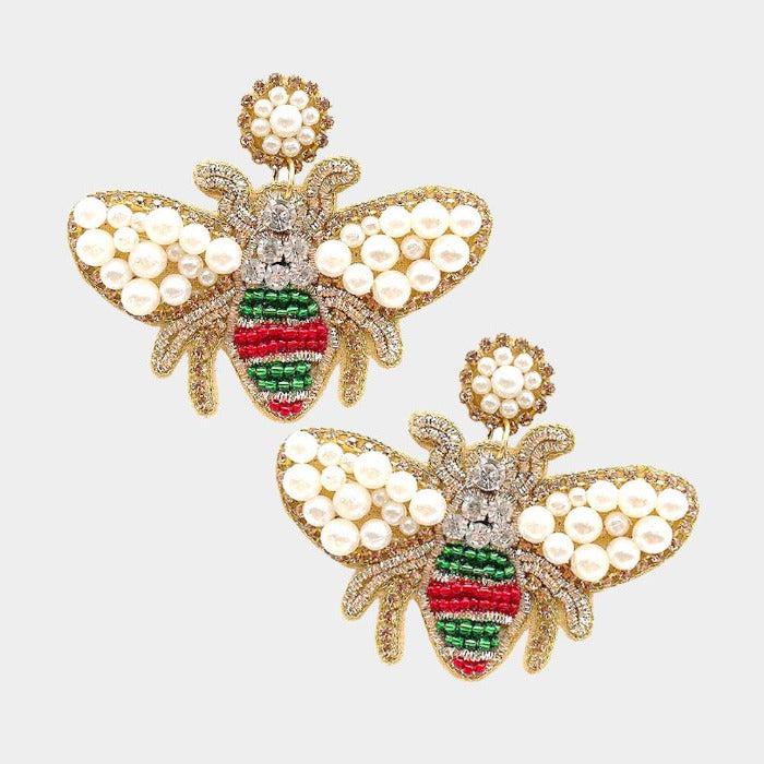 Honey Bee Red & Green Seed Bead Dangle Earrings-Earring-SPARKLE ARMAND