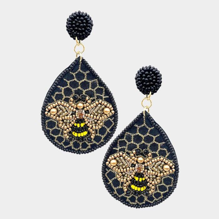 Honey Bee Seed Bead Teardrop Dangle Earrings-Earring-SPARKLE ARMAND