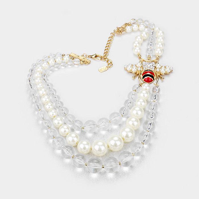 Honey Bee Accented Triple Layered Pearl Necklace & Earrings by Wildflower