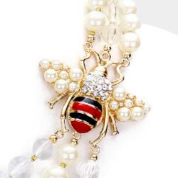 Honey Bee Accented Triple Layered Pearl Necklace & Earrings by Wildflower