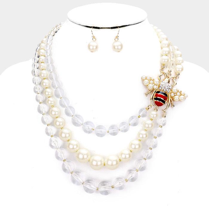 Honey Bee Accented Triple Layered Pearl Necklace & Earrings by Wildflower