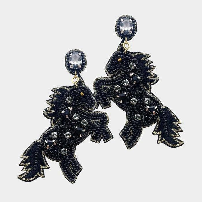 Horse Black Seed Beaded Dangle Earrings