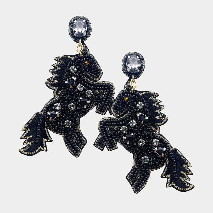 Horse Black Seed Beaded Dangle Earrings