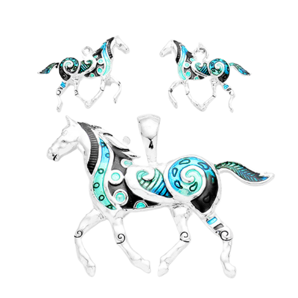 Horse Blue & Silver Pendant Earrings Set-Pendant-SPARKLE ARMAND