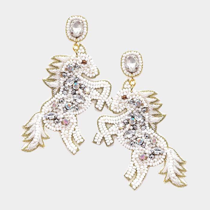 Horse White Seed Beaded Dangle Earrings