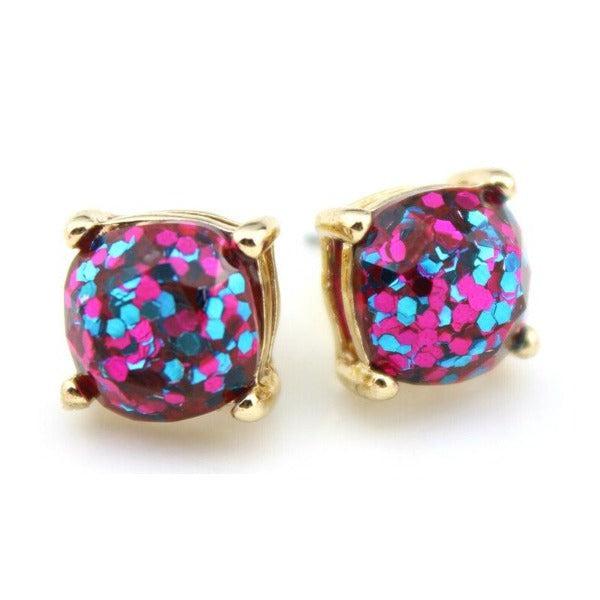 Hot Pink Glitter Gold Tone Earrings-Earring-SPARKLE ARMAND