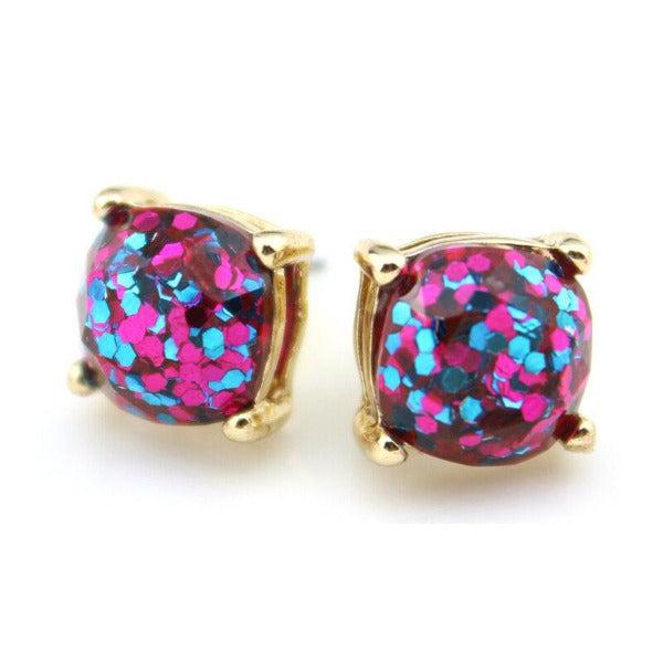 Hot Pink Glitter Gold Tone Earrings-Earring-SPARKLE ARMAND