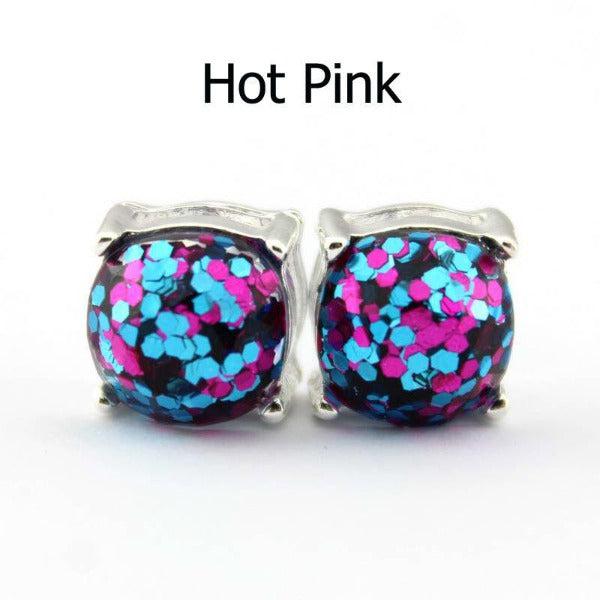 Hot Pink Glitter Silver Tone Earrings-Earring-SPARKLE ARMAND