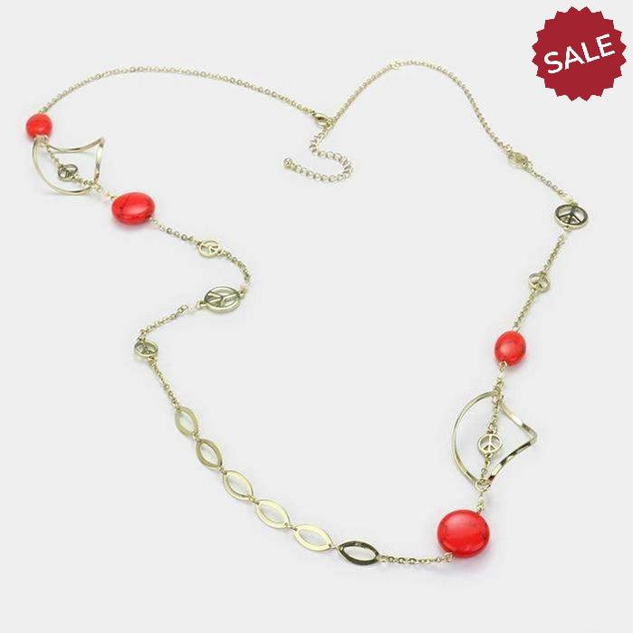Howlite Stone Bead Station Red Coral Long Necklace & Earring Set