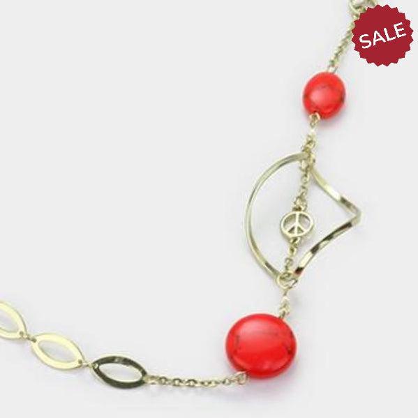 Howlite Stone Bead Station Red Coral Long Necklace & Earring Set