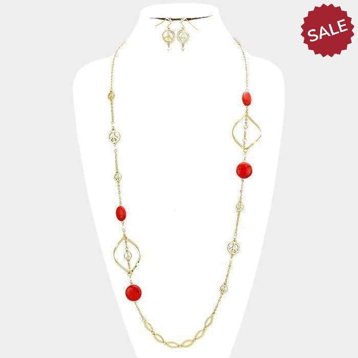 Howlite Stone Bead Station Red Coral Long Necklace & Earring Set