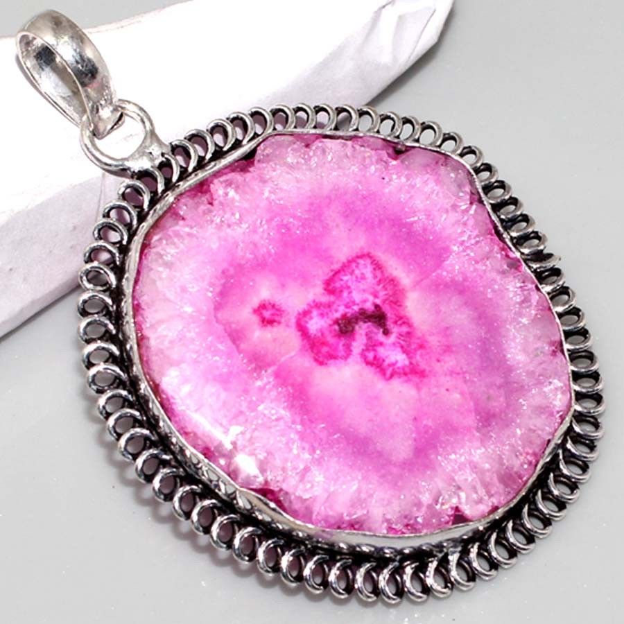 Huge Pink Solar Quartz .925 Silver Plated Pendant 2.2" + Free 20" Cord Necklace-Pendant-SPARKLE ARMAND