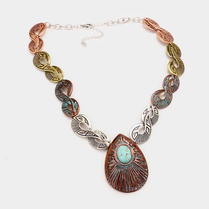 Infinity Embossed Turquoise Stone Western Tribal Necklace Set