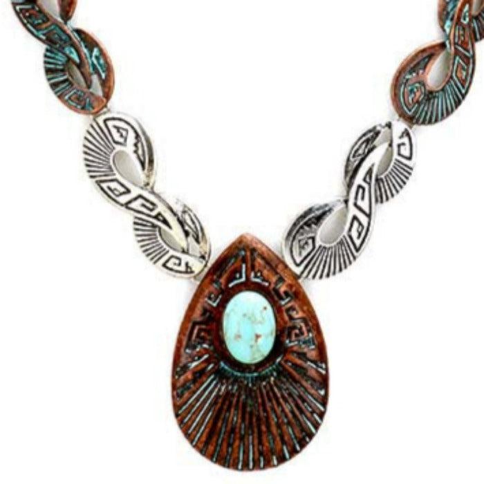 Infinity Embossed Turquoise Stone Western Tribal Necklace Set