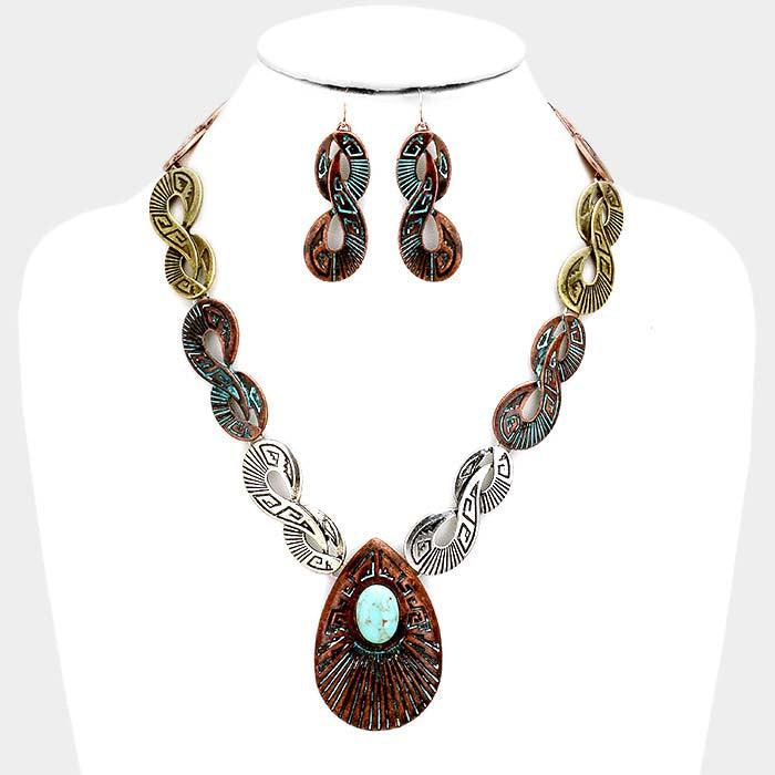 Infinity Embossed Turquoise Stone Western Tribal Necklace Set